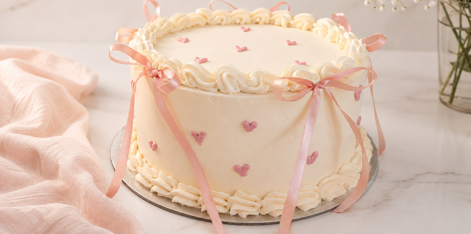 Bolo artesanal de creme com corações e laços de fita rosa